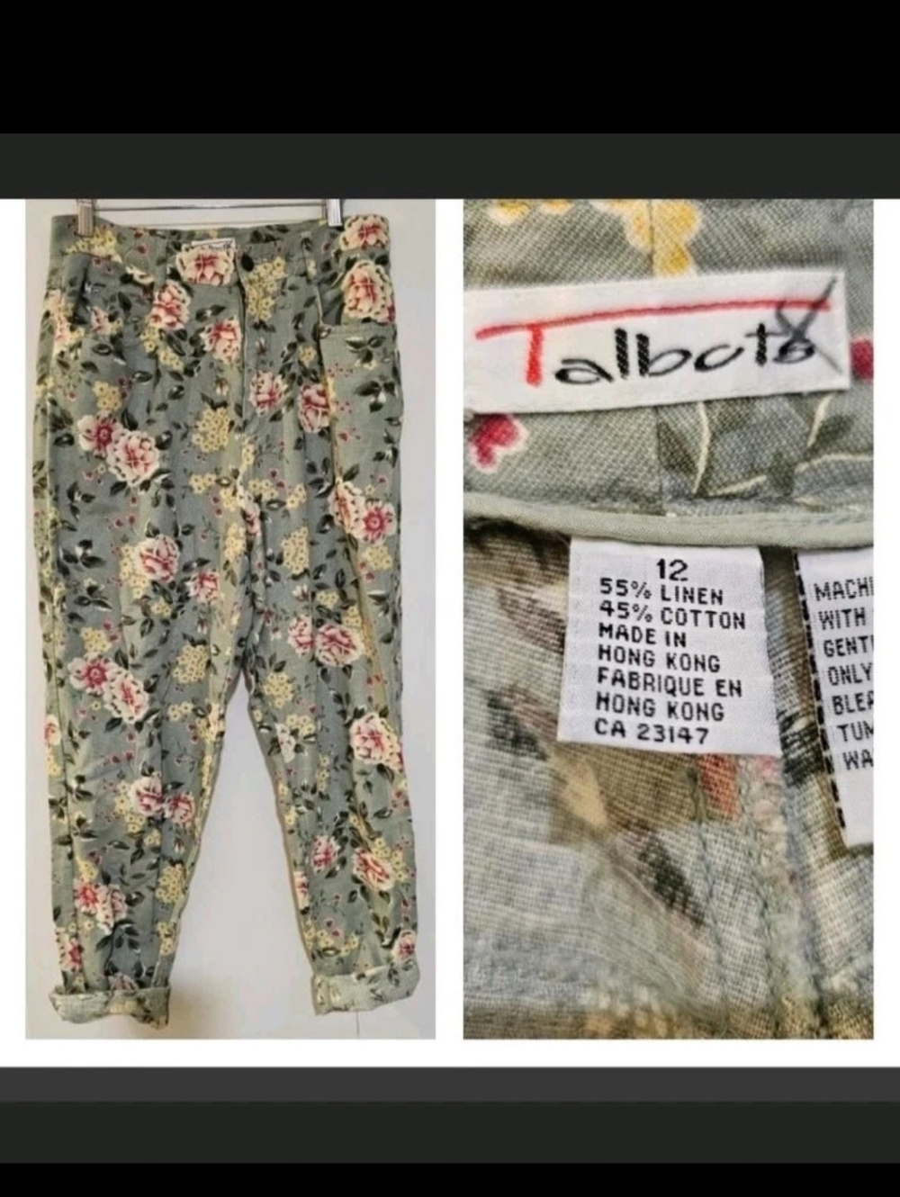 Vintage Linen Cotton Cottage Rose High Waist Pants 12
